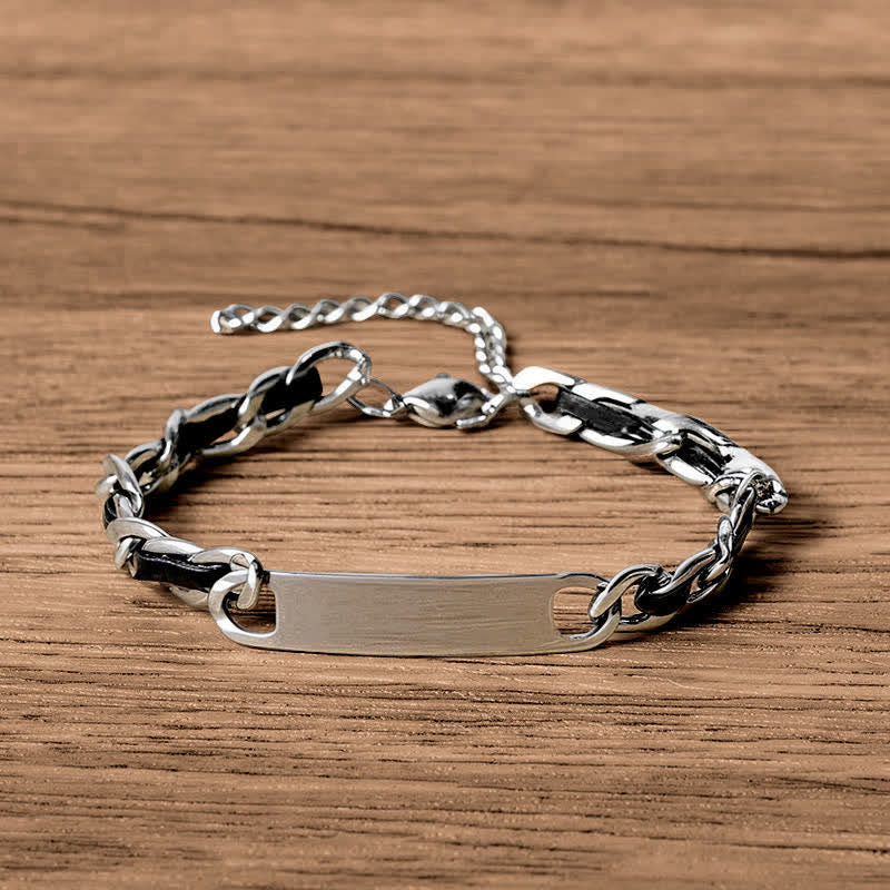 Nimara Ritual Chain Leather Inlay Bar Plate Braided Leather Strengthen Cuban Bracelet
