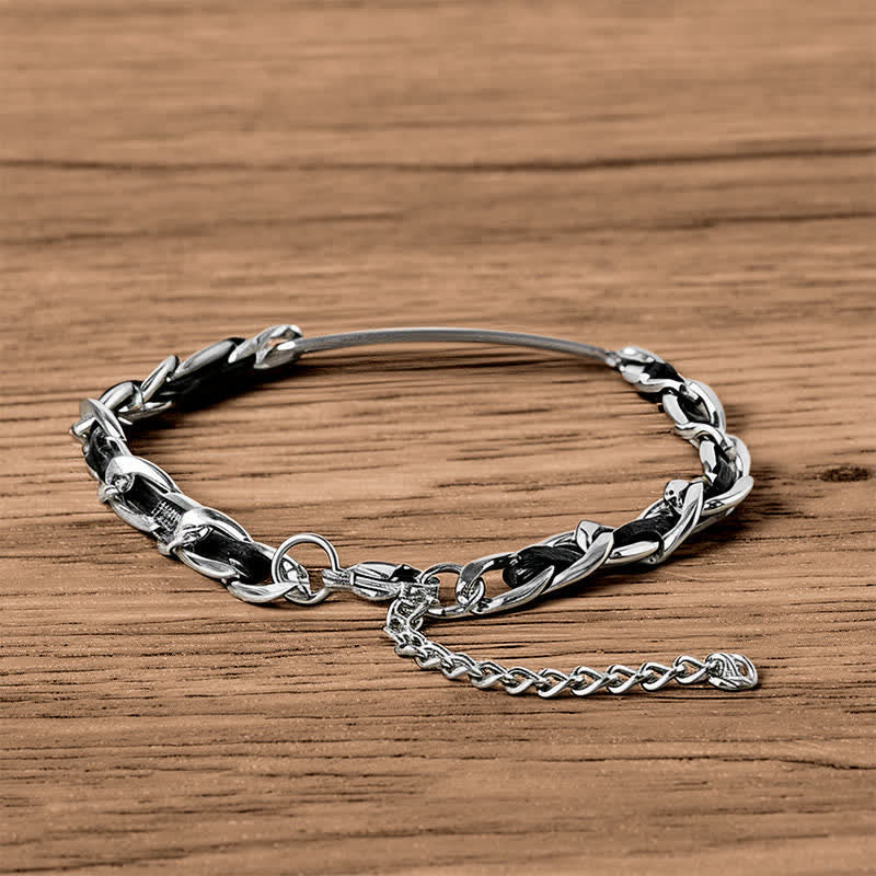 Nimara Ritual Chain Leather Inlay Bar Plate Braided Leather Strengthen Cuban Bracelet