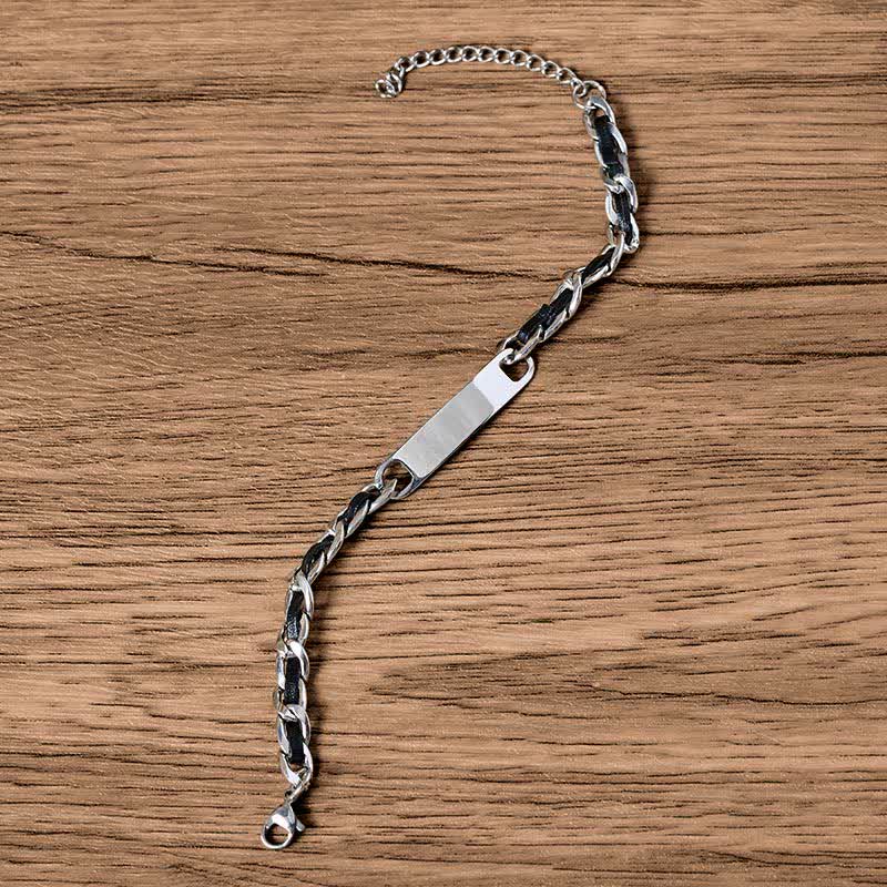 Nimara Ritual Chain Leather Inlay Bar Plate Braided Leather Strengthen Cuban Bracelet