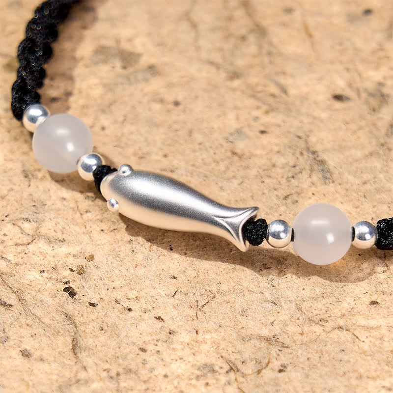 Nimara Ritual 999 Sterling Silver Koi Fish White Agate Braided Rope Protection Bracelet