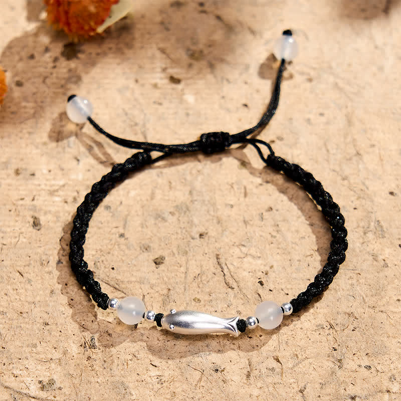 Nimara Ritual 999 Sterling Silver Koi Fish White Agate Braided Rope Protection Bracelet