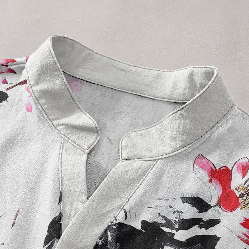Nimara Ritual Cotton Purple Watercolor Lotus Pattern Men's Short Sleeve Half Button Shirt