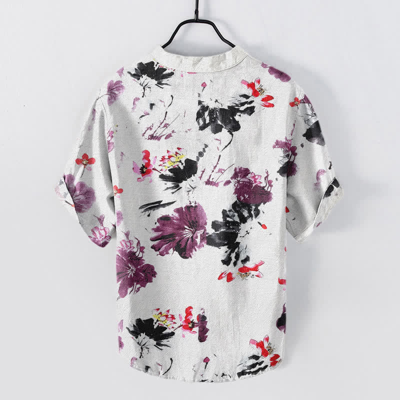 Nimara Ritual Cotton Purple Watercolor Lotus Pattern Men's Short Sleeve Half Button Shirt