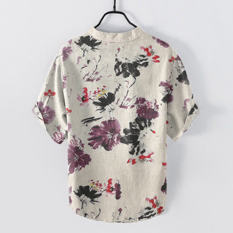 Nimara Ritual Cotton Purple Watercolor Lotus Pattern Men's Short Sleeve Half Button Shirt