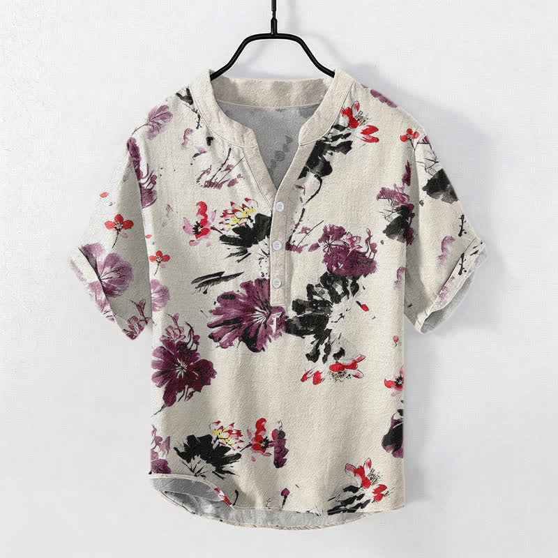 Nimara Ritual Cotton Purple Watercolor Lotus Pattern Men's Short Sleeve Half Button Shirt