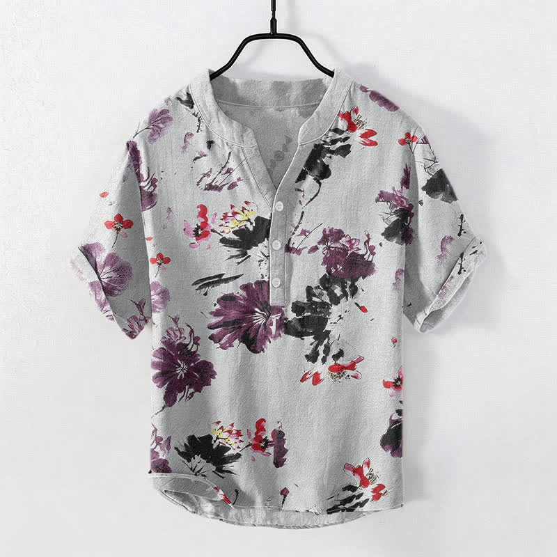 Nimara Ritual Cotton Purple Watercolor Lotus Pattern Men's Short Sleeve Half Button Shirt