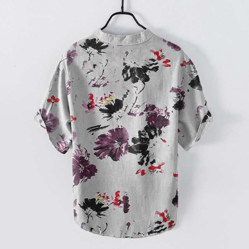 Nimara Ritual Cotton Purple Watercolor Lotus Pattern Men's Short Sleeve Half Button Shirt