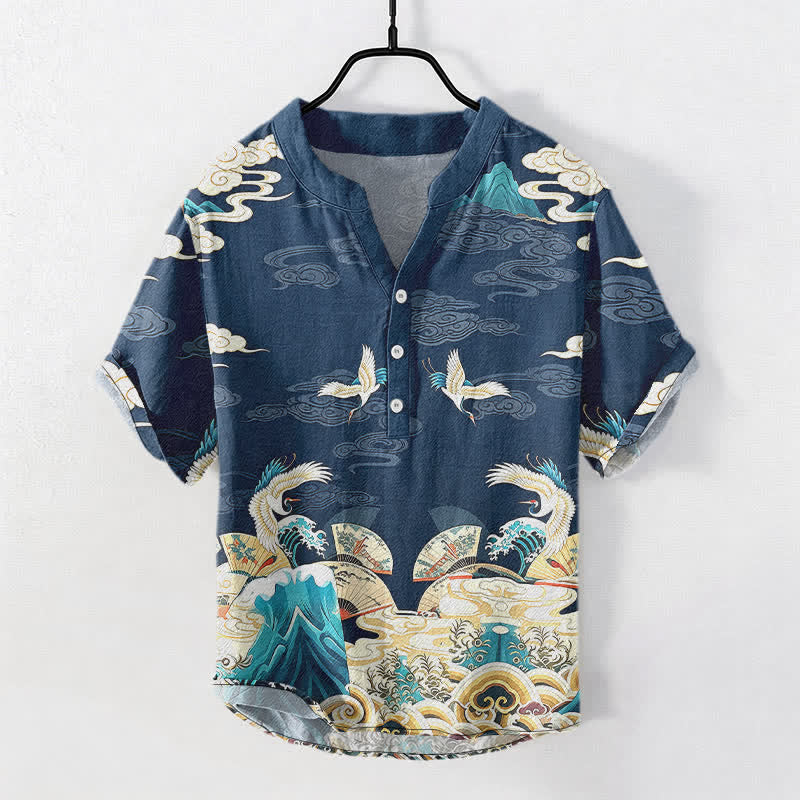Nimara Ritual Cotton Crane Wave Cloud Pattern Men's Short Sleeve Half Button Shirt