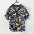 Nimara Ritual Cotton Oriental Crane Cloud Pattern Men's Short Sleeve Half Button Shirt