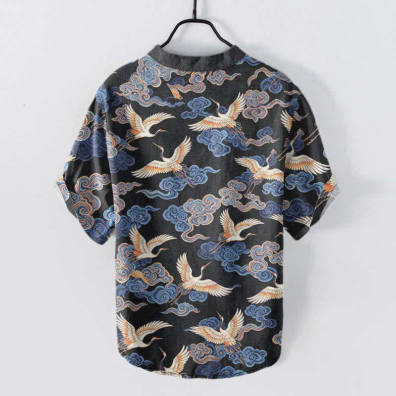 Nimara Ritual Cotton Oriental Crane Cloud Pattern Men's Short Sleeve Half Button Shirt