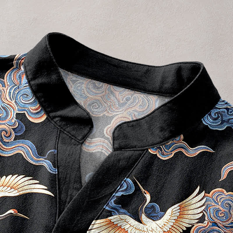 Nimara Ritual Cotton Oriental Crane Cloud Pattern Men's Short Sleeve Half Button Shirt