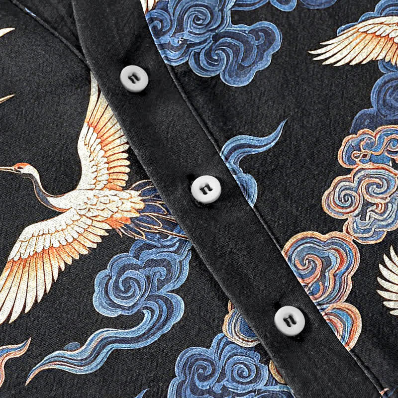Nimara Ritual Cotton Oriental Crane Cloud Pattern Men's Short Sleeve Half Button Shirt