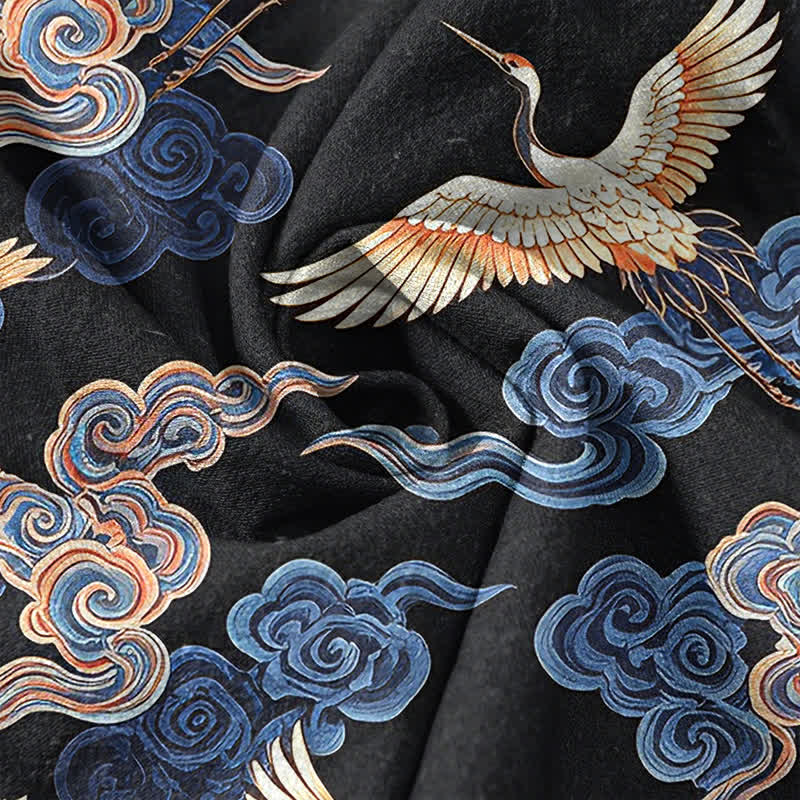 Nimara Ritual Cotton Oriental Crane Cloud Pattern Men's Short Sleeve Half Button Shirt