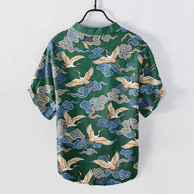 Nimara Ritual Cotton Oriental Crane Cloud Pattern Men's Short Sleeve Half Button Shirt