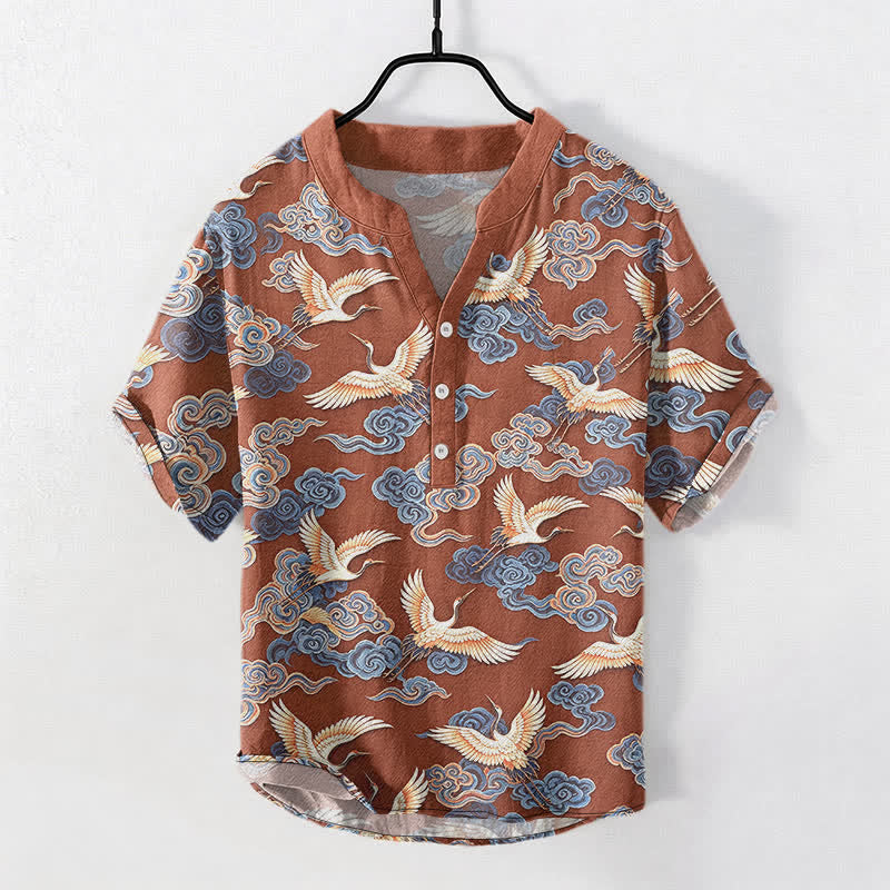 Nimara Ritual Cotton Oriental Crane Cloud Pattern Men's Short Sleeve Half Button Shirt