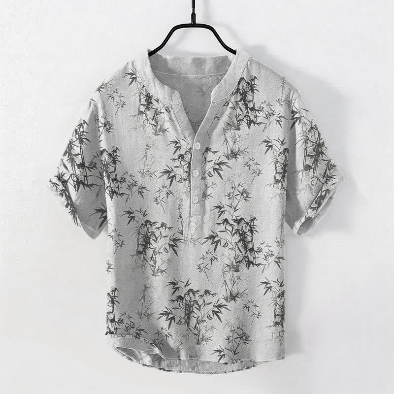 Nimara Ritual Cotton Bamboo Leaf Pattern Men's Short Sleeve Half Button Shirt