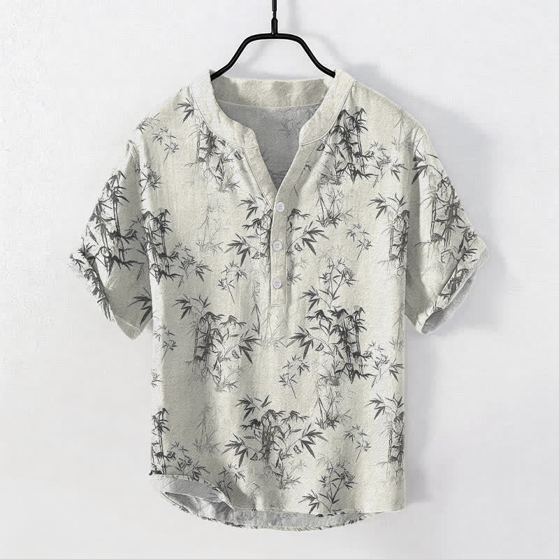 Nimara Ritual Cotton Bamboo Leaf Pattern Men's Short Sleeve Half Button Shirt