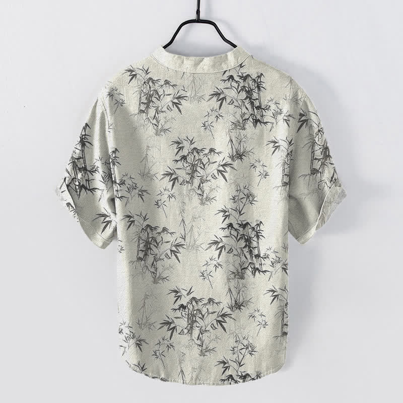 Nimara Ritual Cotton Bamboo Leaf Pattern Men's Short Sleeve Half Button Shirt