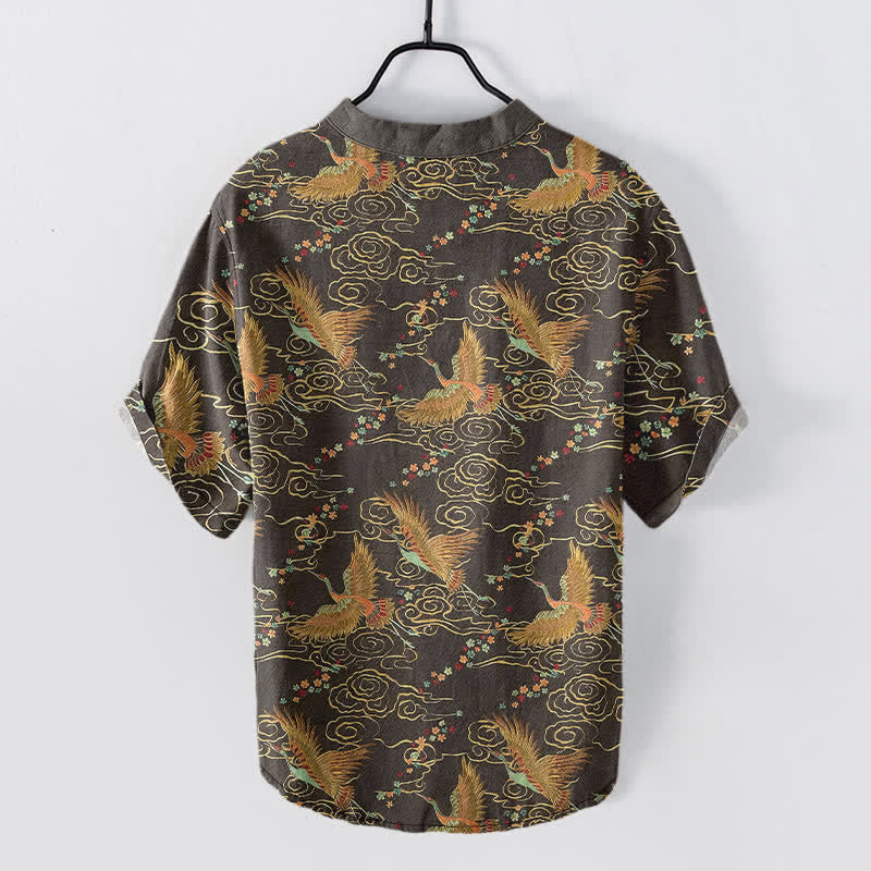Nimara Ritual Cotton Golden Crane Cloud Pattern Men's Short Sleeve Half Button Shirt