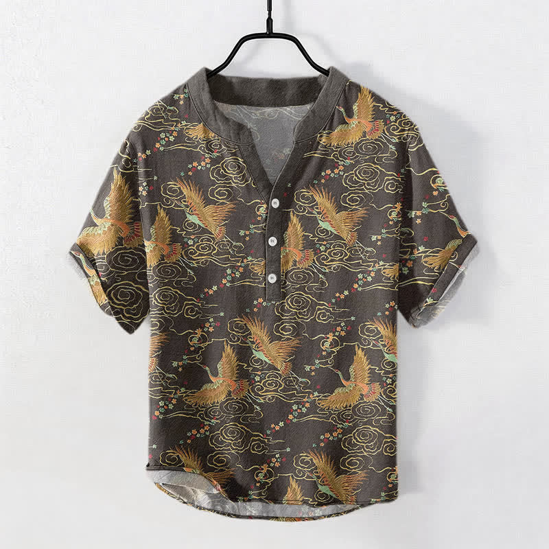 Nimara Ritual Cotton Golden Crane Cloud Pattern Men's Short Sleeve Half Button Shirt