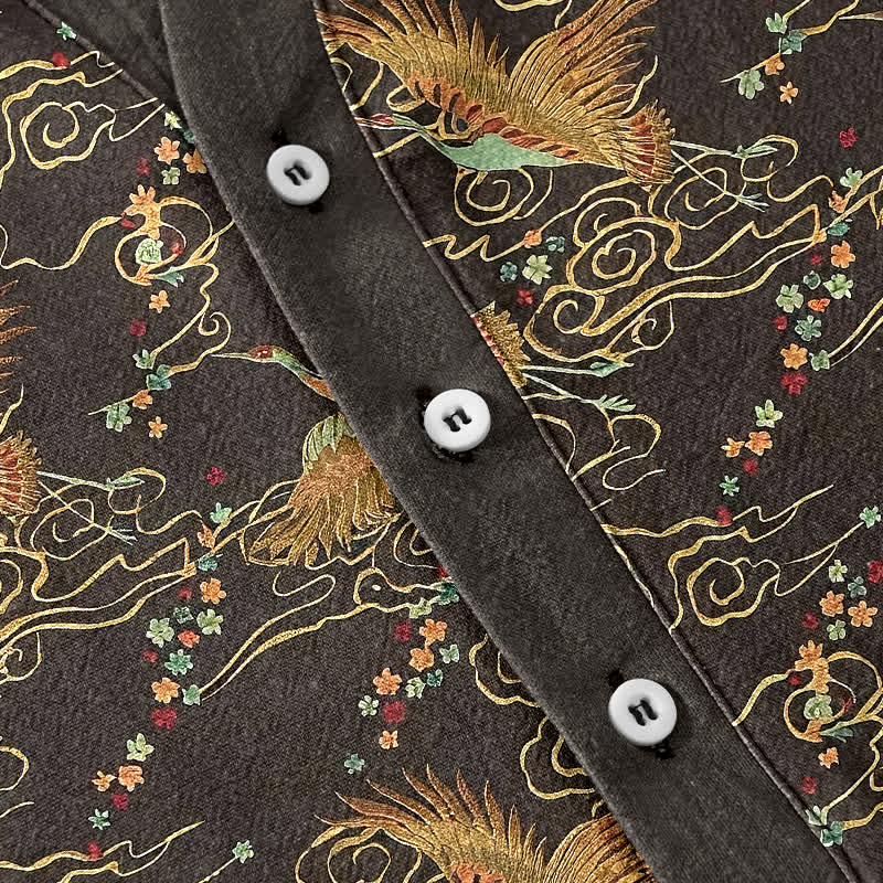 Nimara Ritual Cotton Golden Crane Cloud Pattern Men's Short Sleeve Half Button Shirt