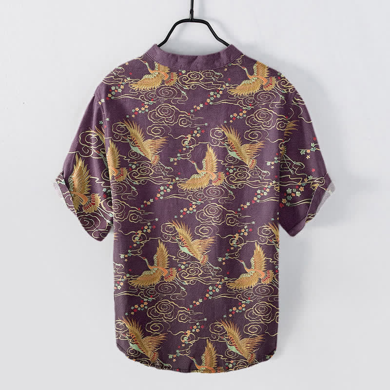 Nimara Ritual Cotton Golden Crane Cloud Pattern Men's Short Sleeve Half Button Shirt