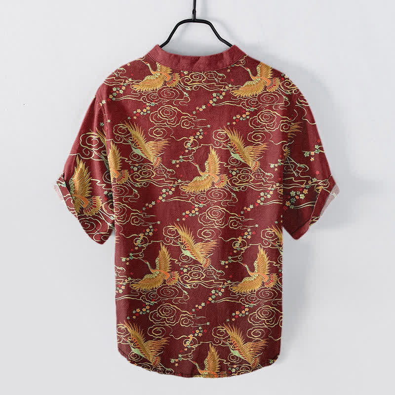 Nimara Ritual Cotton Golden Crane Cloud Pattern Men's Short Sleeve Half Button Shirt