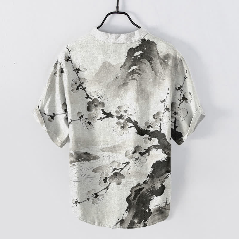 Nimara Ritual Cotton Ink Plum Blossom Pattern Men's Short Sleeve Half Button Shirt