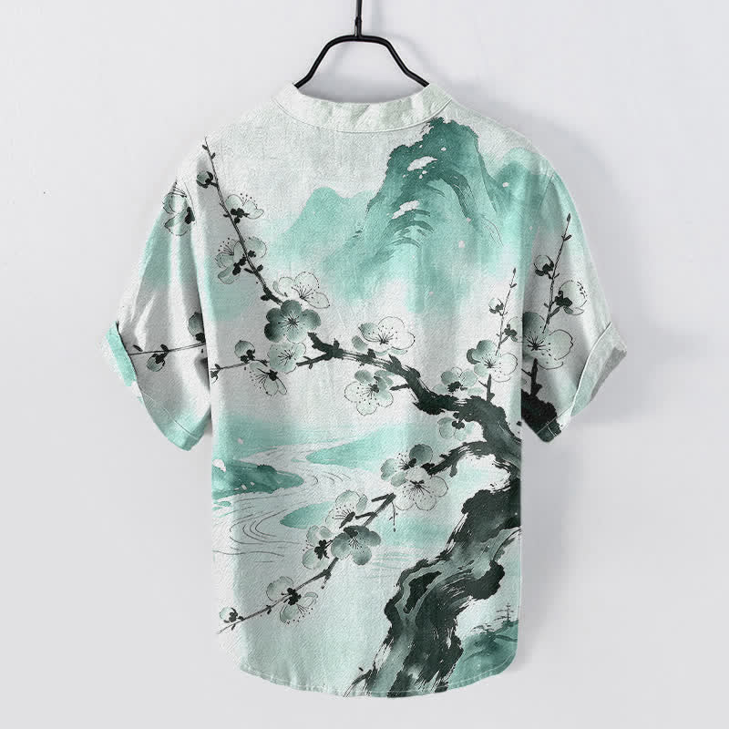 Nimara Ritual Cotton Ink Plum Blossom Pattern Men's Short Sleeve Half Button Shirt