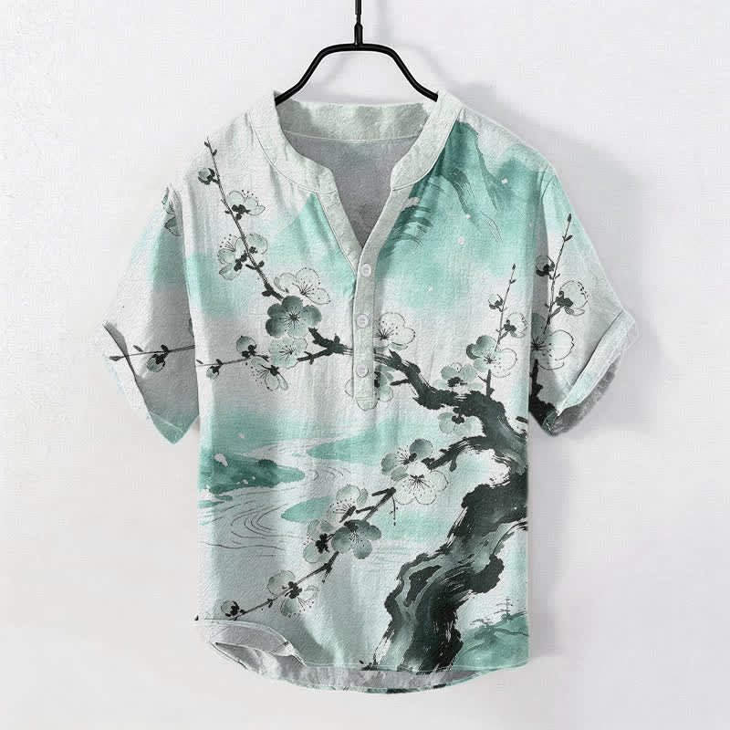 Nimara Ritual Cotton Ink Plum Blossom Pattern Men's Short Sleeve Half Button Shirt