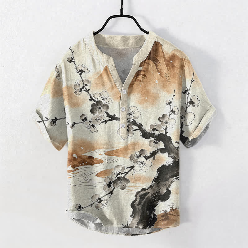Nimara Ritual Cotton Ink Plum Blossom Pattern Men's Short Sleeve Half Button Shirt