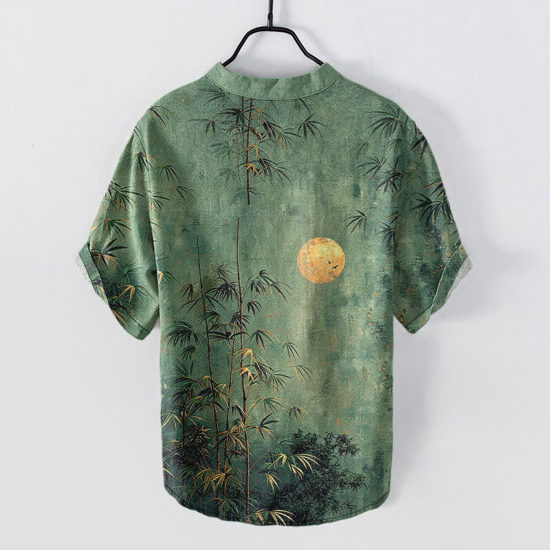 Nimara Ritual Cotton Ink Bamboo With Golden Moon Pattern Men's Short Sleeve Half Button Shirt