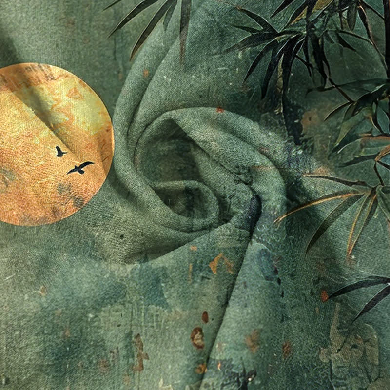 Nimara Ritual Cotton Ink Bamboo With Golden Moon Pattern Men's Short Sleeve Half Button Shirt