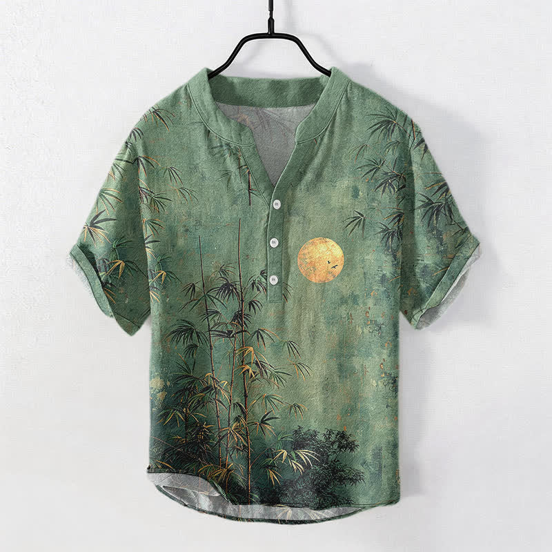 Nimara Ritual Cotton Ink Bamboo With Golden Moon Pattern Men's Short Sleeve Half Button Shirt