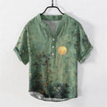 Nimara Ritual Cotton Ink Bamboo With Golden Moon Pattern Men's Short Sleeve Half Button Shirt