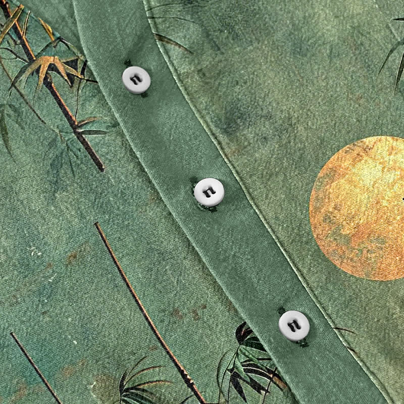 Nimara Ritual Cotton Ink Bamboo With Golden Moon Pattern Men's Short Sleeve Half Button Shirt