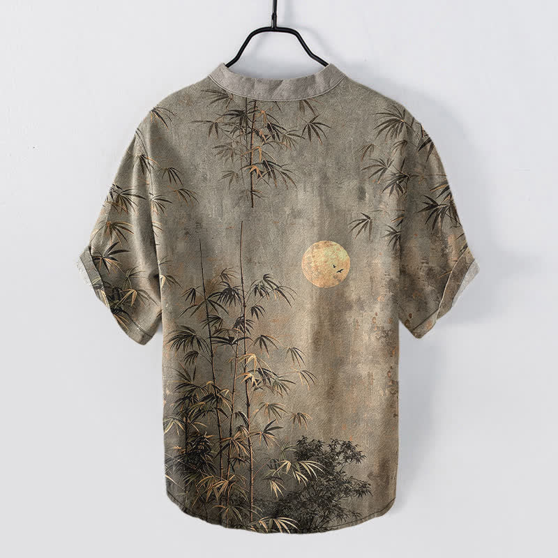 Nimara Ritual Cotton Ink Bamboo With Golden Moon Pattern Men's Short Sleeve Half Button Shirt
