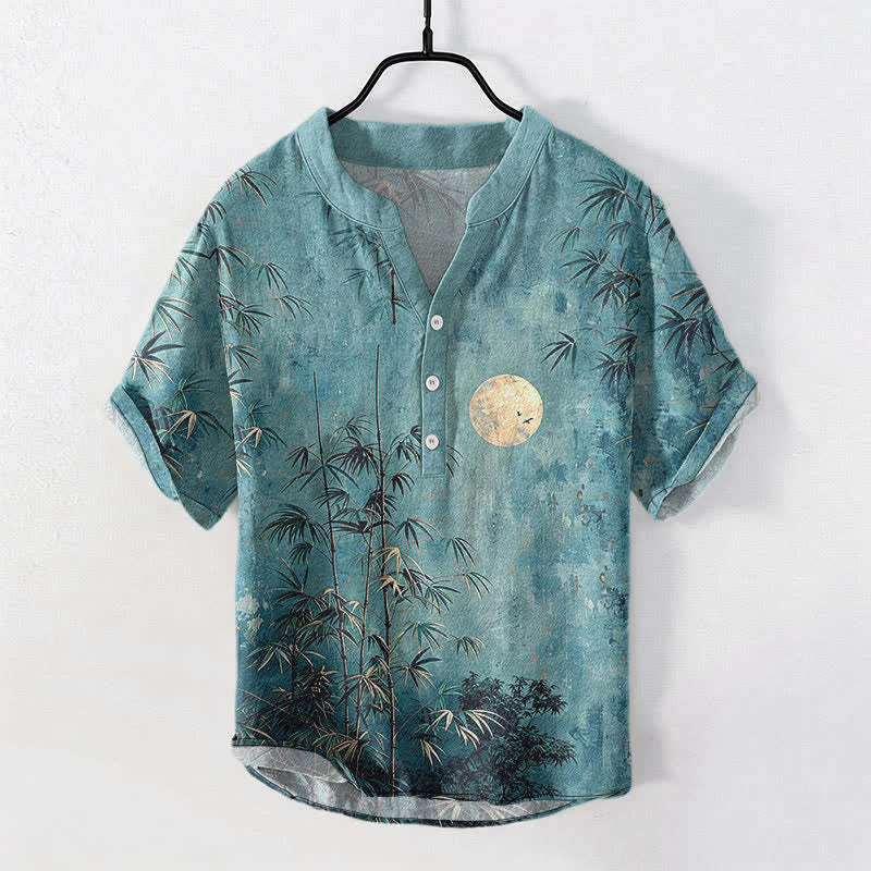 Nimara Ritual Cotton Ink Bamboo With Golden Moon Pattern Men's Short Sleeve Half Button Shirt