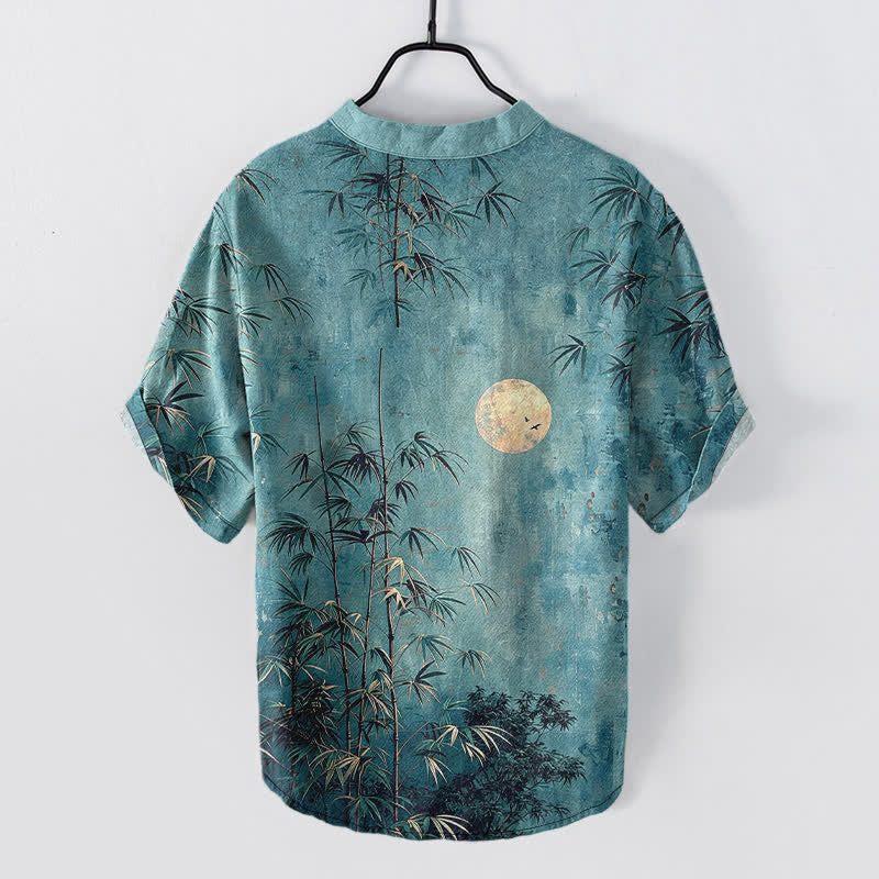 Nimara Ritual Cotton Ink Bamboo With Golden Moon Pattern Men's Short Sleeve Half Button Shirt