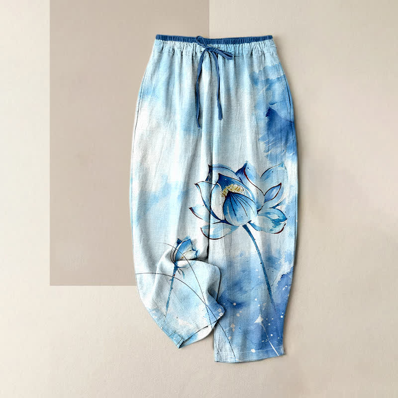 Nimara Ritual Pure Cotton Watercolor Lotus Pattern Women's Elastic Waist Pants With Pockets