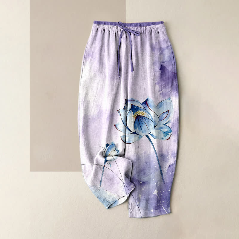 Nimara Ritual Pure Cotton Watercolor Lotus Pattern Women's Elastic Waist Pants With Pockets
