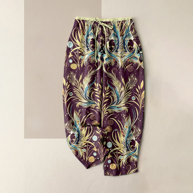 Nimara Ritual Pure Cotton Peacock Feather Dot Pattern Women's Elastic Waist Pants With Pockets