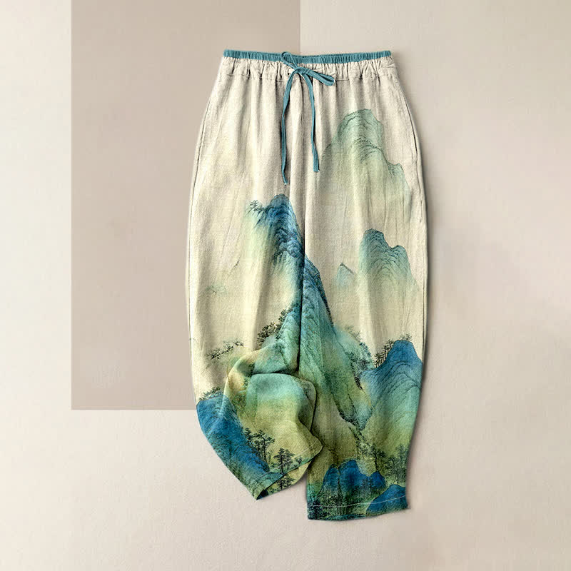 Nimara Ritual Pure Cotton Ink Wash Mountain Pattern Women's Elastic Waist Pants With Pockets