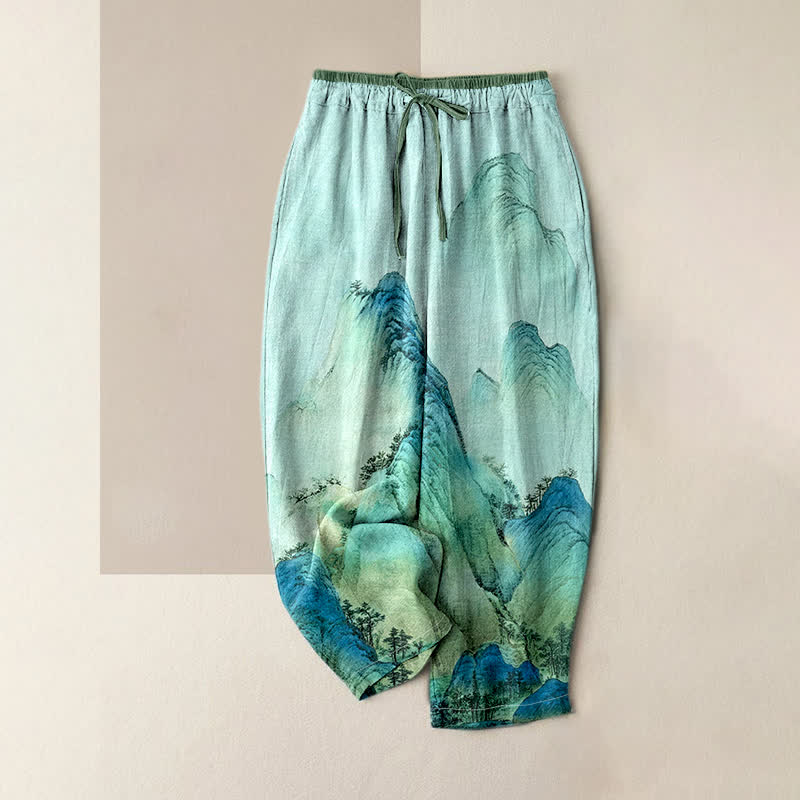 Nimara Ritual Pure Cotton Ink Wash Mountain Pattern Women's Elastic Waist Pants With Pockets