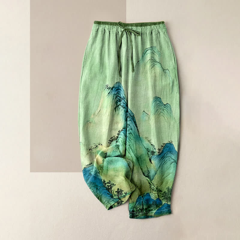 Nimara Ritual Pure Cotton Ink Wash Mountain Pattern Women's Elastic Waist Pants With Pockets