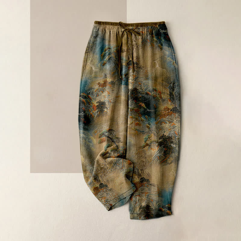 Nimara Ritual Cotton Ink Wash Mountain Landscape Pattern Women's Elastic Waist Pants With Pockets
