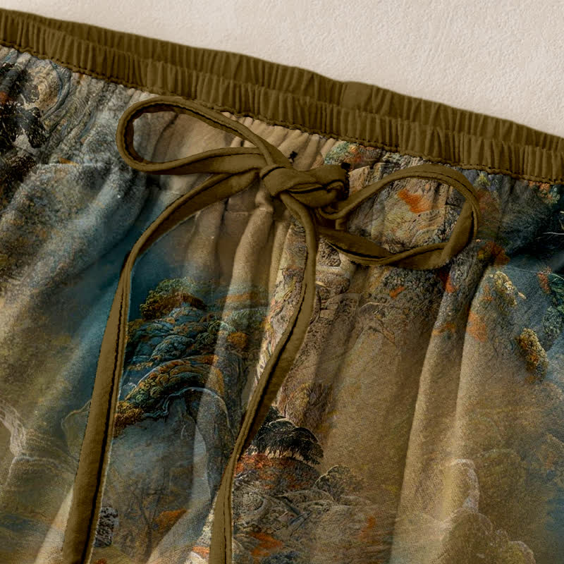 Nimara Ritual Cotton Ink Wash Mountain Landscape Pattern Women's Elastic Waist Pants With Pockets