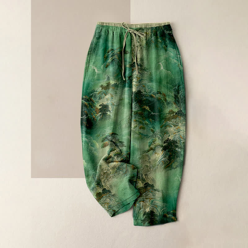 Nimara Ritual Cotton Ink Wash Mountain Landscape Pattern Women's Elastic Waist Pants With Pockets