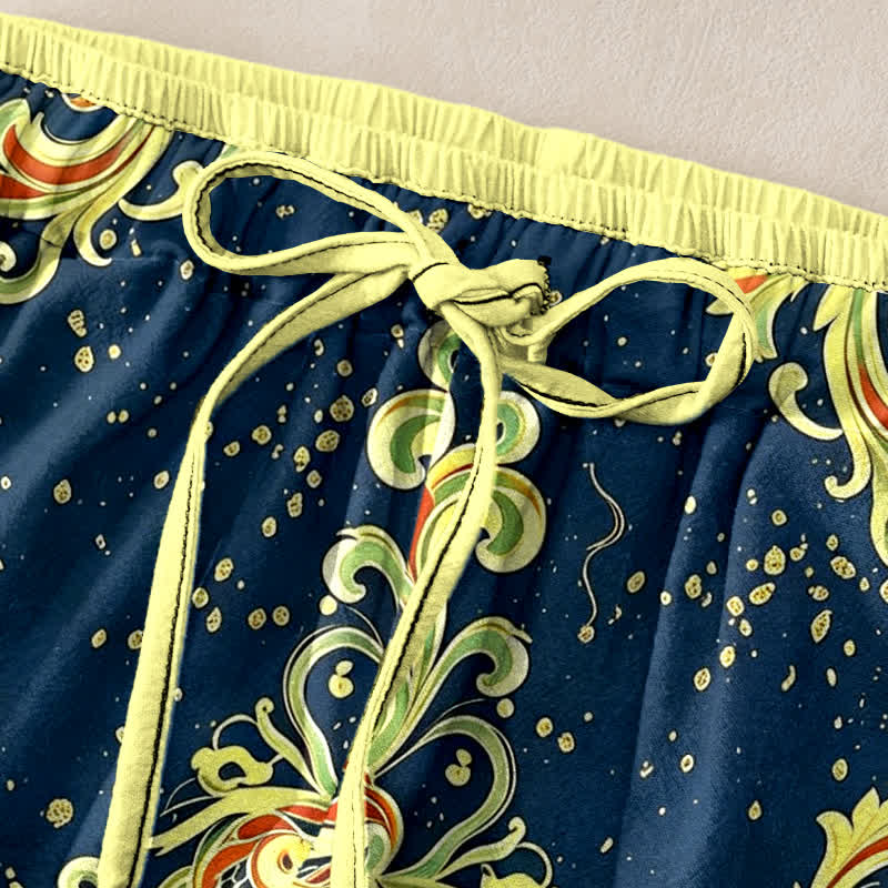 Nimara Ritual Pure Cotton Vivid Paisley Floral Pattern Women's Elastic Waist Pants With Pockets