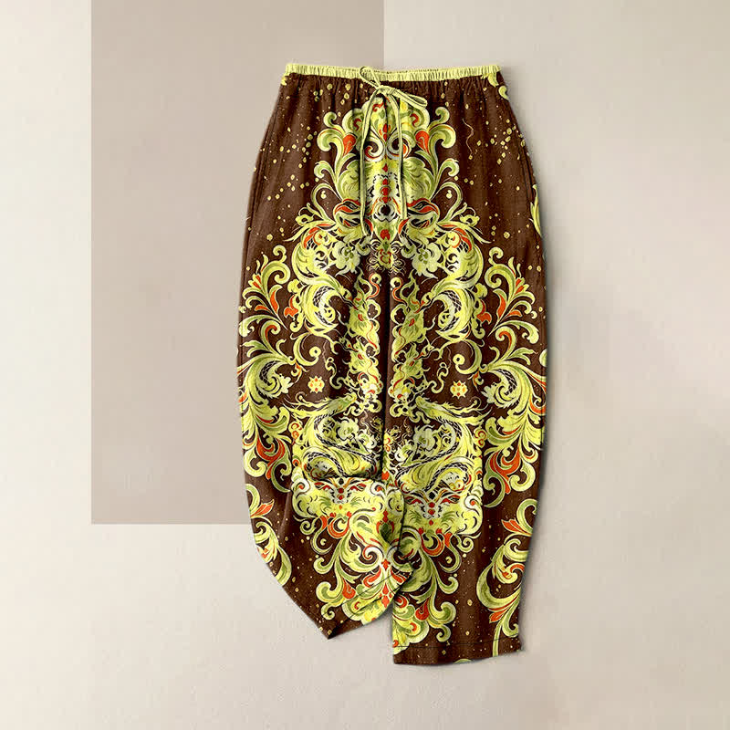 Nimara Ritual Pure Cotton Vivid Paisley Floral Pattern Women's Elastic Waist Pants With Pockets